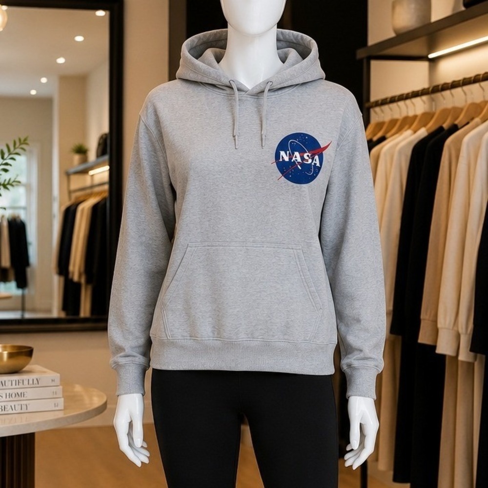 H&M Womens Hoodie NASA Graphic Logo Heather Grey Pullover M